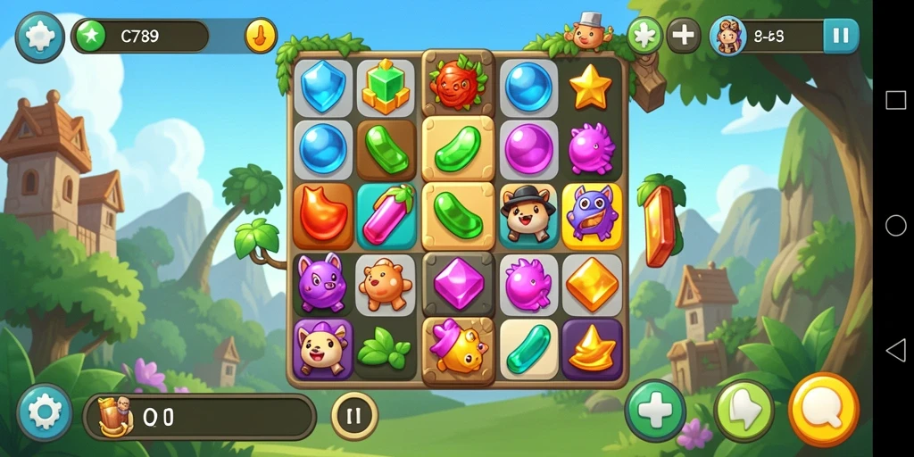 Tampilan gameplay C789 menampilkan tantangan Match-3 yang colorful.