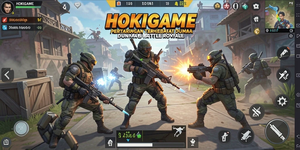 Screenshot gameplay HOKIGAME menampilkan aksi Battle Royale yang mendebarkan.