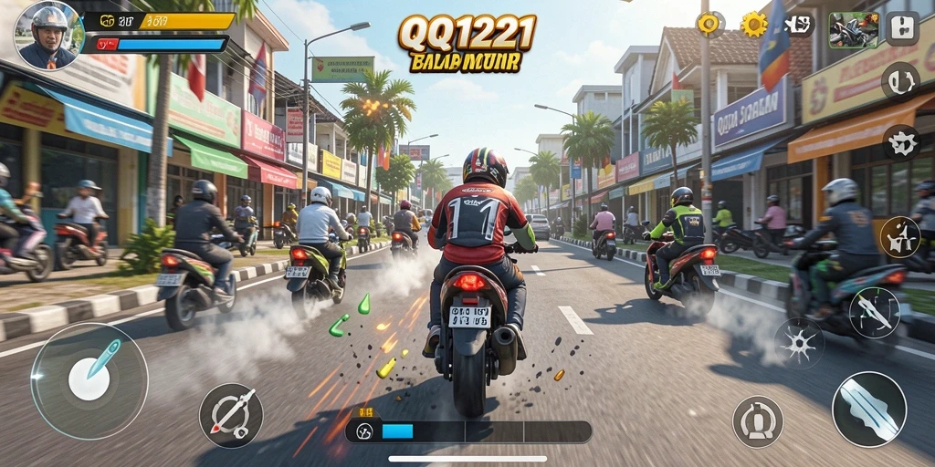 Screenshot QQ1221 menampilkan balapan motor di lintasan kota yang menegangkan.
