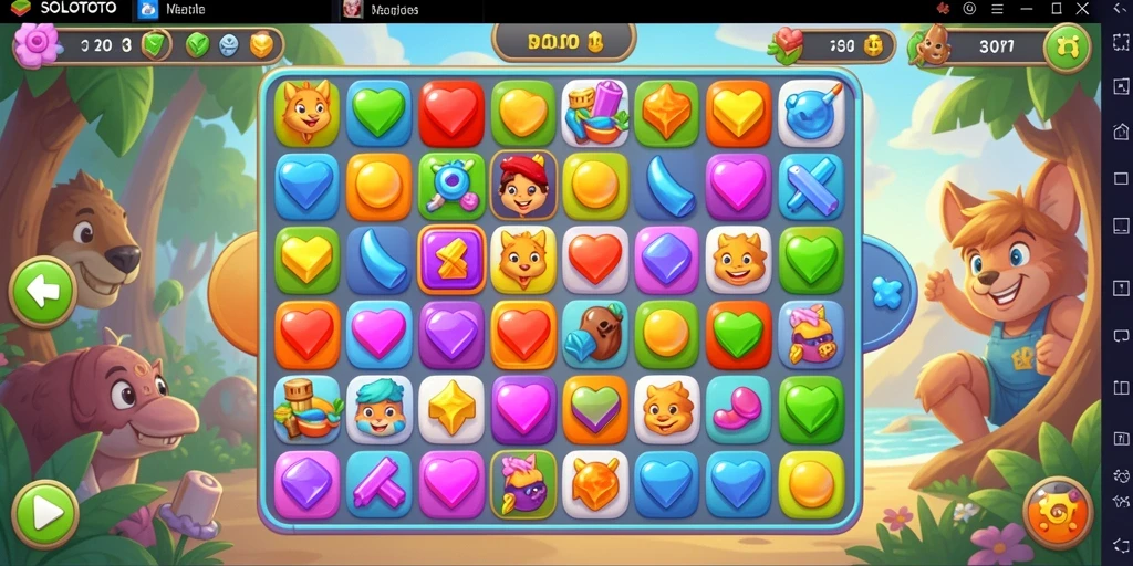 Screenshot menunjukkan gameplay menantang di SOLOTOTO dengan elemen Match-3.