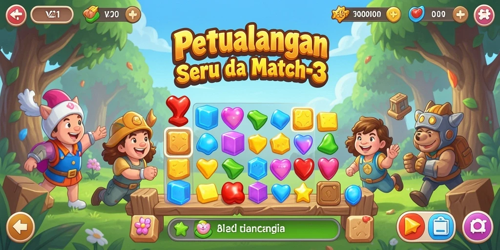 Tampilan gameplay V21 dengan permata berwarna-warni dalam tantangan Match-3.