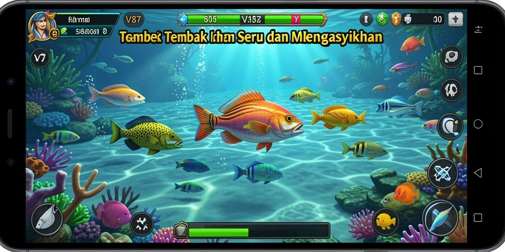 Tangkapan layar V87 yang menunjukkan aksi tembak ikan yang seru.