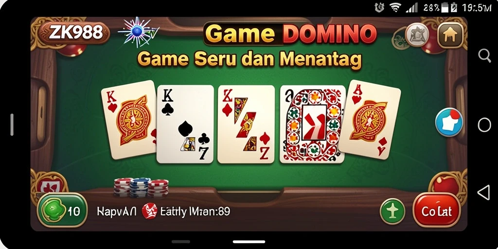 Tangkapan layar utama dari game Domino ZK988 yang menampilkan strategi permainan.
